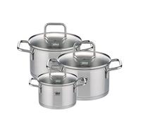 ELO 9993550 Set de 3 faitouts en inox de 12, 16 et 20 cm, avec couvercles en verre, Marmites, Casseroles, Acier inoxydable, Verre, 12 cm, 16 cm 20 cm