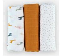 Set de 3 langes en mousseline BIO 70 x 70 cm, écru et ochre