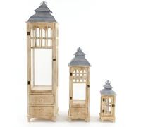 Set de 3 lanternes en Bois et Partie supérieure en métal Naturel et Gris 129 x 32 x 32 cm