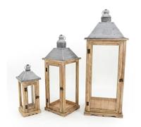 Set de 3 lanternes en Bois et Partie supérieure en métal Naturel et Gris 87 x 32 x 32 cm