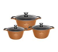 Set de 3 Marmites 20-24-28cm Aluminium Effet Marbre avec Couvercles en Verre Cheffinger Marron
