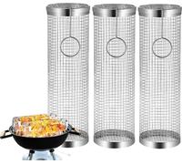 set de 3 paniers à grillades cylindriques ronds en acier inoxydable avec 1x crochet | Panier à grillades roulant pour gril à gaz, électrique et au charbon de bois | 30 x 9 cm de tube de grillage pour