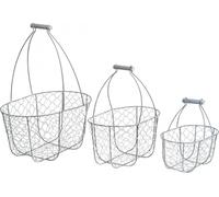 Set de 3 paniers en fil de fer avec anse, Paniers nostalgiques, Panier métallique shabby chic, Argent antique & Blanc, L35/30/25cm H46,5/35/25cm