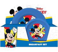 Set de 3 pièces de Mickey composé d'une assiette creuse, d'une assiette plate et d'un verre.