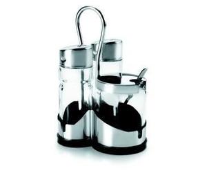 Set de 3 pièces - LACOR - Salière, Poivrier, Moutardier - Verre et Inox - Socle 3 Compartiments