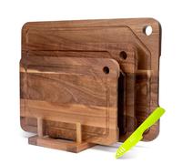 Set de 3 Planches à Découper en Bois d'Acacia avec Rainure pour Jus, Facile à Suspendre, Support et Couteau à Fruits Offerts, Planche à Découper Double Face pour Viande, Légumes et Fromage.