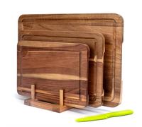 Set de 3 Planches à Découper en Bois d'Acacia avec Rainure pour Jus, Support et Couteau à Fruits Offerts, Planche à Découper Double Face pour Viande, Légumes et Fromage.