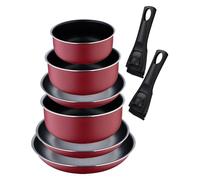 Set de 3 poêles Ø18Ø20Ø24cm avec manche amovible + 3 casseroles Ø16Ø18Ø20cm avec manche amovible - en aluminium pressé couleur rouge Click&Cook Bergner