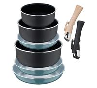 Set de 3 poêles Ø18Ø20Ø24cm avec poignée amovible couleur verte + 3 casseroles Ø16Ø18Ø20cm avec manche amovible noir -Aluminium pressé Click&Cook Bergner