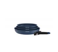 Arthur Martin - Set de 3 Poêles en Aluminium 2,5 mm, Revêtement Céramique et Poignée Effet Bois, Compatibles Tous Feux Dont Induction, 20-24-28 cm, Bleu