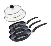 Elo 9807850 Set de 3 Poêles aluminium et 3 couvercles de cuisson en verre, poêle tous feux sauf induction, poêle de cuisson, poêle sans PFAS, Aluminium, Acier inoxydable, Verre, Plastique, 28 x 5 cm