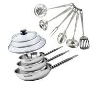 Fackelmann 9440550 Set de 3 poêles 20, 24 et 28 cm en inox 18/8, 3 Couvercles verre et 6 ustensiles inox, Poêle tous feux, Poêle induction, Poêle sans PFAS, Manche riveté, Inox, Verre, 20 24 et 28 cm