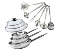 Set de 3 poêles 20, 24 et 28 cm en inox, 3 couvercles verre et 6 ustensiles inox Fackelmann Eterna