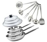 Set de 3 poêles 20, 24 et 28 cm en inox, 3 couvercles verre et 6 ustensiles inox Fackelmann Eterna