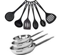 Fackelmann Set de 3 Poêles Tous Feux en Acier Inox 18/8 avec 6 Ustensiles Eterna - 20, 24 et 28 cm, Compatible Induction, Sans PFAS, Manche Riveté