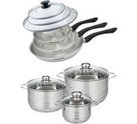 Set de 3 poêles 20 24 et 28 cm en inox et couvercles, 3 faitouts inox 16, 20 et 24 cm Fackelmann Geneva inox