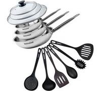 Set de 3 poêles de 20 24 et 28 cm en inox, 3 couvercles en verre et 6 ustensiles Fackelmann Eterna inox