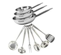 Set de 3 poêles de 20, 24 et 28 cm en inox et 6 ustensiles inox Eterna Fackelmann