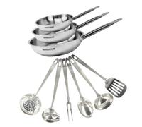 Fackelmann 9439850 Set 3 poêles de 20, 24 et 28 cm inox 18/8 et 6 ustensiles inox, Poêle tous feux, Poêle induction, Poêle sans PFAS, Manche riveté, Inox, 20 24 et 28 cm, Gris 18