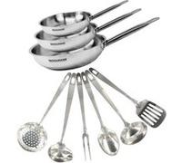 Set de 3 poêles de 20, 24 et 28 cm en inox et 6 ustensiles inox Fackelmann Eterna inox