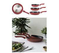 SET DE 3 POÊLES EN ALUMINIUM FORGE ROUGE antiadhésif finition aspect pierre tous feux dont induction Manche en silicones