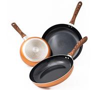 Set de 3 Poêles Induction Anti Adhésives Anti Rayures - Tous Feux - Compatibles Lave Vaisselle - Cuivre et Acier Inoxydable Sans Pfoa - Poignée Bois - Diamètre 20, 24, 28cm - Par Nuovva