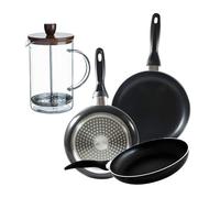 Set de 3 poêles San Ignacio (16,20,24 cm) aluminium pressé, convient pour induction + cafetière à piston en verre borosilicate 15,8 x 10 x 18,8 cm