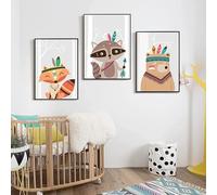 Set de 3 Poster Animaux de la Foret Renard Ours Raton Laveur Tableau Peinture sur Toile Affiches Decoration Murale Cadeaux Anniversaire NPTWC009-S