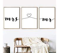 Set de 3 Posters Mr Cœur Mrs Citation Amour Murale Chambre Tableaux Décoration Minimaliste Peinture sur Toile 50x70 Affiche Noir et Blanc Couple Poster Deco Adulte Salon Sans Cadre PTQT001-XL