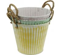 Set de 3 pots déco, pot à plantes shabby chic vintage, seau métallique avec anses, rose/vert/jaune Ø14,5cm H13cm
