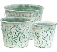 set de 3 pots en métal shabby chic blanc vert anse pots de fleurs gaufrage vintage Ø25,5/20,5/15,5cm