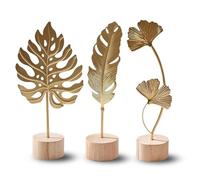 Set de 3 Sculptures Décoratives Dorées - Feuille de Ginkgo, Monstera et Plume en Métal avec Socle en Bois, Statue Décoration Intérieur, Déco Salon Moderne, Décoration Bureau ou, Objet Art Déco Maison