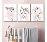 Set de 3 Tableau Gris et Rose Girafe Eléphant Lion Poster Nordique Bebe Enfant Affiches Rosa Chambre Animaux Peinture sur Toile Decoration Murale Cadeaux NPTWC008-S