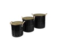 Set de 3 tables basses en métal et corde "Loft & Métal" - Noir - H 38/34/28 x D 36/31/26 cm