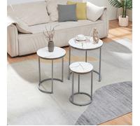 [en.casa] Set de 3 Tables d'Appoint Lot de Bouts de Canapé Polyvalentes Rondes Gigognes Panneau de Particules Métal Marbre Blanc Argent