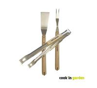 Cook'in Garden – Set 3 ustensiles barbecue/plancha spatule+pince+fourchette inox manche bois FSC100%