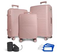 Set de 3 Valises Rose de Voyage - Grande Taille, Moyenne et Cabine - Valises Rigides en Polypropylène avec Roulettes Pivotantes 360°, Protège-Roues, Porte-Étiquette, Cadenas et Poignée Télescopique