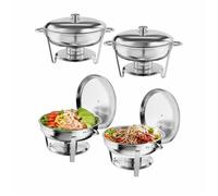 Set de 4 bacs ronds pour buffet, 5 QT , Chaudron à nourriture inox complet, 6 réchauds avec couvercle, cadre, bacs eau & aliments
