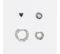Set de 4 paires de boucles d'oreilles anneaux cœur et cristal argentées UN