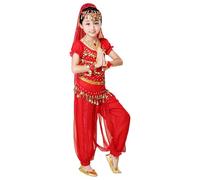 Set de 4 Pièces Costume Danse Orientale Enfant - Tenue Indienne Fille, Déguisement Indienne de Danse du Ventre Traditionnelle avec Top Pantalon Bouffant Ceinture de Taille et Voile (Red, 5-6 Years)