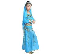 Set de 4 Pièces Costume Indienne Enfant Fille - Déguisement Robe de Danse Orientale de Scène avec Jupe Élastique, Top Décoré, Ceinture de Sequins Brillants et Écharpe Voile (Sky Blue, 10-13 Years)
