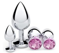 Set de 4 Plugs Anaux en Acier Inoxydable avec Base Bijou Large et Sécurisée - Tailles Progressives pour Débutants, Hommes, Femmes et Couples - Noir - Entraînement Anal Hygiénique et Confortable (Rose)