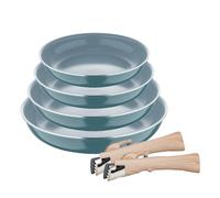 Set de 4 poêles Ø22Ø24Ø26Ø28cm en aluminium pressé vert + 2 poignées amovibles Click&Cook Bergner