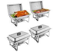 Set de 4 réchauds pour buffet 8 QT, Cadre pliable, cuillères et pinces incluses, Acier inoxydable, mariages, fêtes, banquets, Argent
