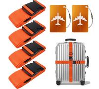 Set de 4 Sangle Valise avec 2 Étiquette de Bagage, 5x200cm Sangle Rajout Valise Voyage, Cinghie per Valigia Arancione, Ceinture valisee Voyage Sécurité pour Voyager en Toute sécurité en Avion Bagages