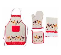 Set de 4 : Tablier de cuisine + gant + manique + torchon Poule
