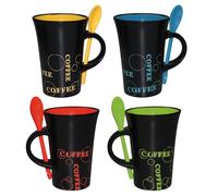 Set De 4 Tasses Café En Céramique Avec 4 Cuillères, 280 ml, Noir Multicolore
