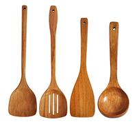 Set de 4 ustensiles de cuisine - Spatule en bois, spatule ajourée, louche à long manche - Fait à la main