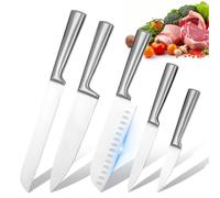 Set de 5 Couteaux de Cuisine Professionnel, Chef, Santoku, Pain, Multifonction, Économe, Lames et Manche en Acier Inoxydable, Affûtage 15° et Angle 50°, Design Ergonomique