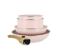MENASTYL - Batterie de Cuisine Amovible Empilable - Tous Feux Dont Induction - Revêtement Céramique Antiadhésif sans PFAS - Gamme Colorama - Couleur Rose - 2 Poêles + 2 Casseroles + 1 Poignée